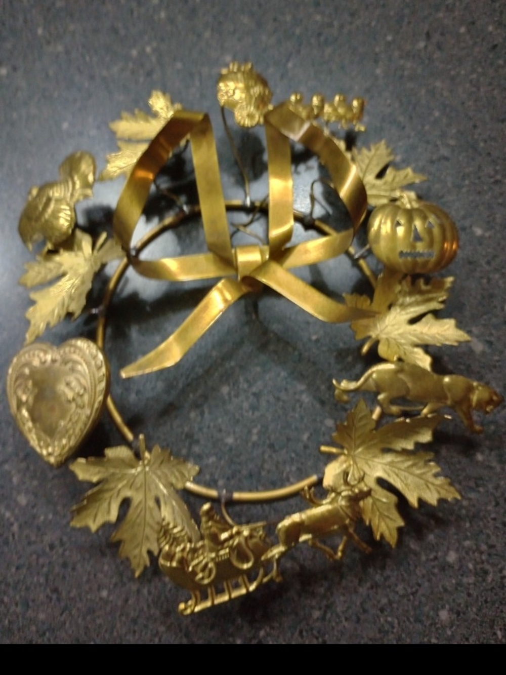 Dresden petite brass collectible rare Metal Decorative Wreath with Ribbon Accent
